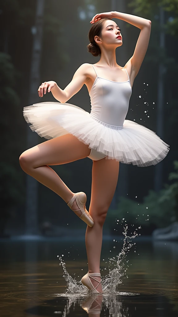 arafed woman in a white dress and ballet shoes posing for a picture, ballerina, pointe pose, ballet dancer, dressed as a ballerina, pointè pose, ballet style pose, ballet pose, tendu pose, ballet, prima ballerina, wearing a tutu, playful pose of a dancer, classic dancer striking a pose, portrait of a ballerina, anna nikonova, high quality, (RAW photo, best quality), (realistic, photorealistic: 1.4), (extremely delicate and beautiful: 1.4), amazing, fine details, masterpiece, ultra detailed, high resolution, best illustration, best shadow, intricate, ( extremely intricate: 1.2), (exquisitely detailed skin), cinematic light, perfect anatomy, (cool color: 1.4), sharp focus, 8k UHD, DSLR, (Fujifilm XT3),(iluminación cinematográfica :1.4), (partículas flotantes, agua mágica:1.4), (fondo agua lago río hielo congelado :1.4), (fondo colored glass background blue :1.4)