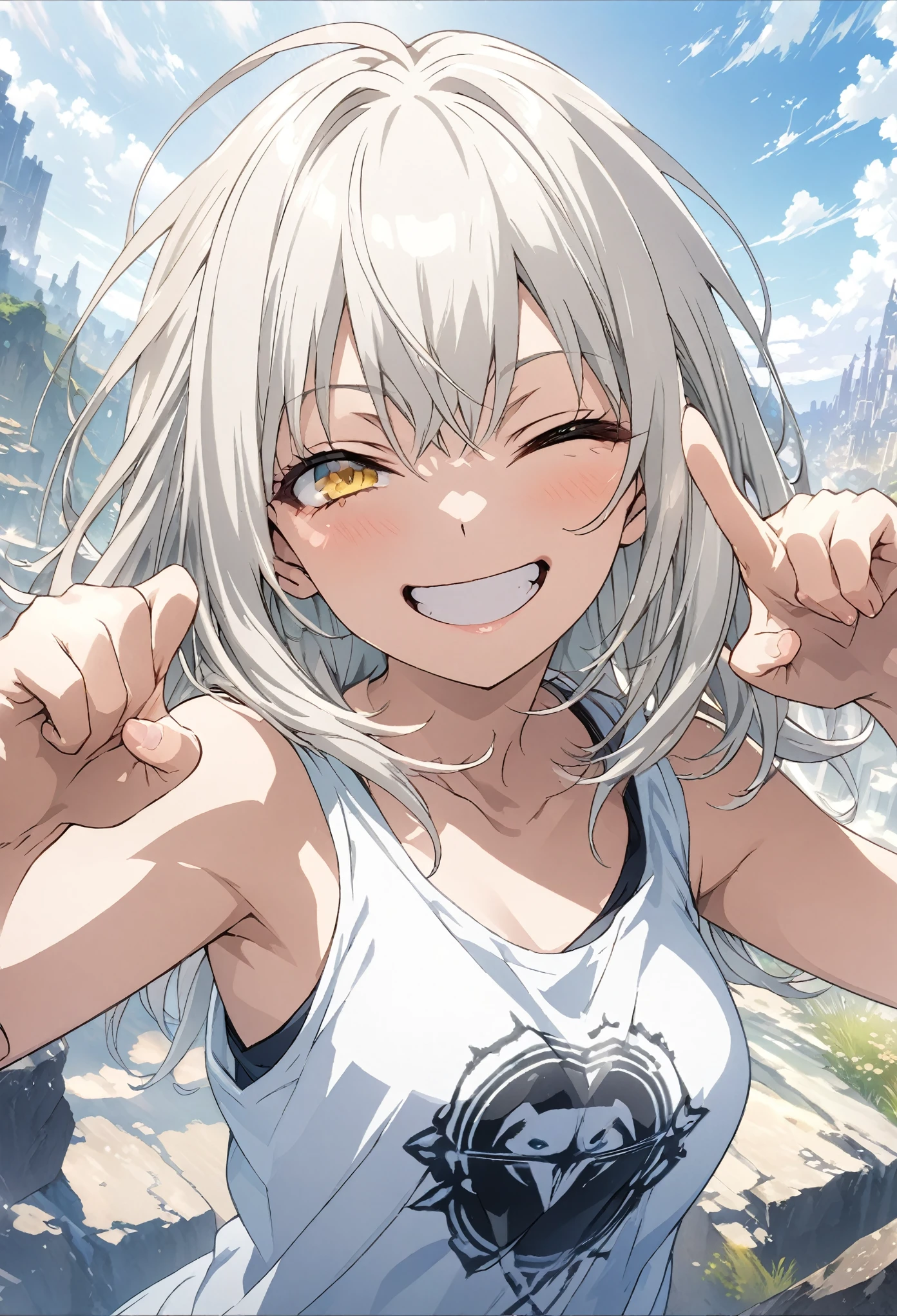 masterpiece, Highest quality, Highly detailed CG Unity 8k wallpaper, High  Girl Anime Illustration. Wear an oversized tank top、Finger gun pose、she has her eyes closed and mouth open, smile. The background is a light pastel colored landscape.., white hair color, Yellow Eyes, Deep writing depth