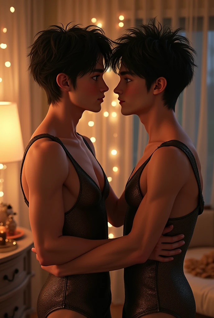a cute boy,with black hair, short, wear a sexy dress in front of his boyfriend