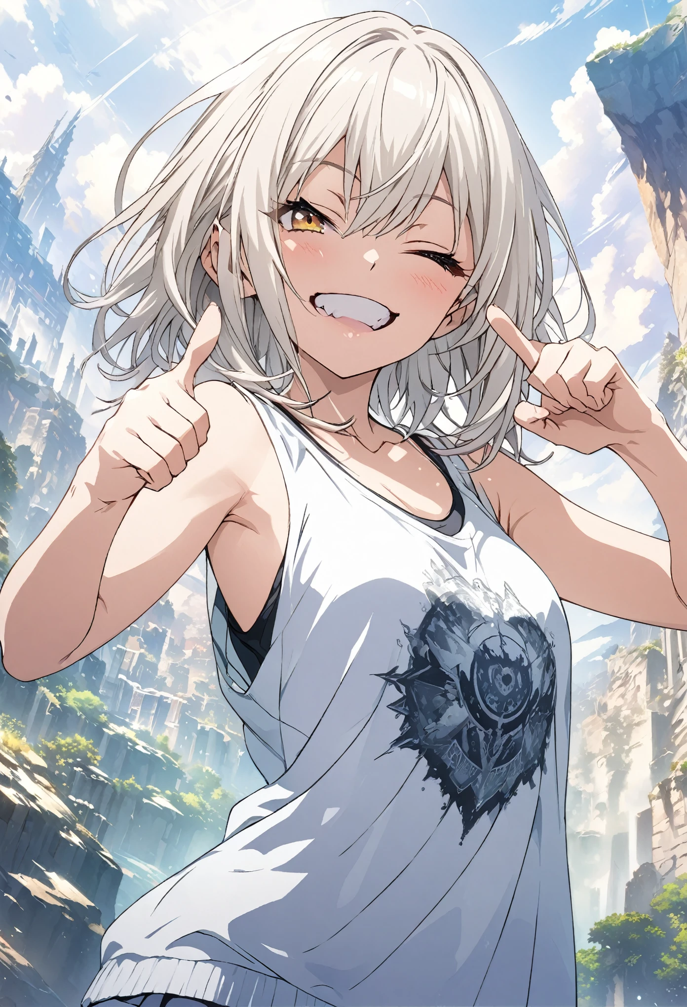 masterpiece, Highest quality, Highly detailed CG Unity 8k wallpaper, High School Girl Anime Illustration. Wear an oversized tank top、Finger gun pose、she has her eyes closed and mouth open, smile. The background is a light pastel colored landscape.., white hair color, Yellow Eyes, Deep writing depth