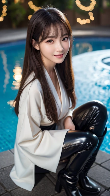 Latex bodysuit、Knee-high boots、Huge 、Long brown hair、Shiny, Oily skin、Glowing Skin、Indoor competition pool、White skin、Upper Body、Close-up of face、Beautiful woman in kimono,Body Portrait、8k,Beautiful and beautiful eyes,Dindal effect、masterpiece, 最high quality, high quality, High resolution、Very detailed photos、(Natural skin texture、Fine skin、Hyperrealism、Ultra Sharpness)、Skin with attention to detail、(Very detailed、Fine skin texture、Intricate details、Beautiful Face、(Lively Faces)、Realistic eyes、Beautiful and detailed、Realistic Skin、Beautiful Skin、Surreal、Very detailed、Golden Ratio、With a smile、((Night moonlight background))、Body Portrait、Shinyボディスーツ