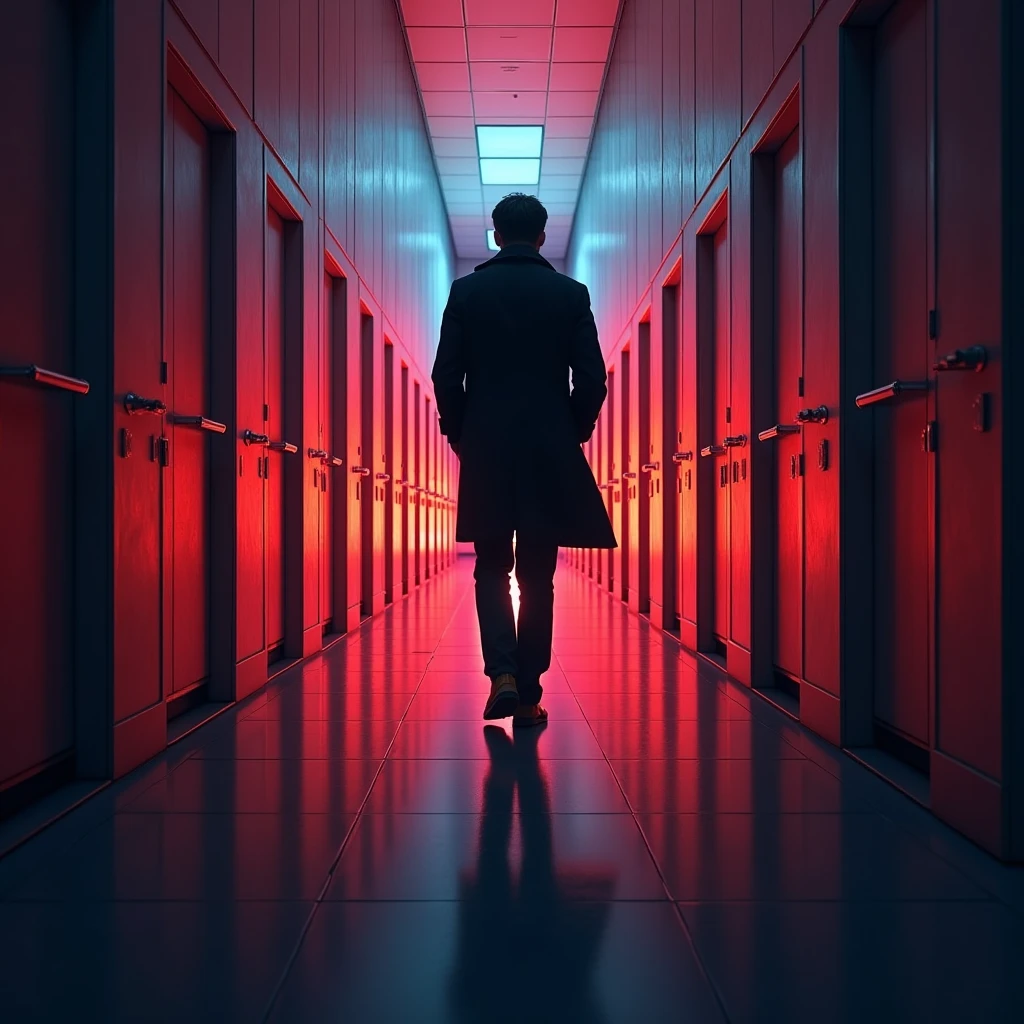 High-definition, vividly colored image of an endless hallway with closed doors, symbolizing the unreachable secrets the detective is trying to uncover