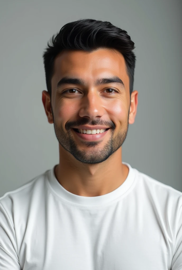 ((Hispanic man)), (Photo: 1.3) from (Photorealism: 1.3), frontal Close-up, soft light, clear face, business, warm light, white t-shirt, (gray and white background), (blank background), (gray wall background) avatar, (short hair), short hair, ((man)), (Closeup)