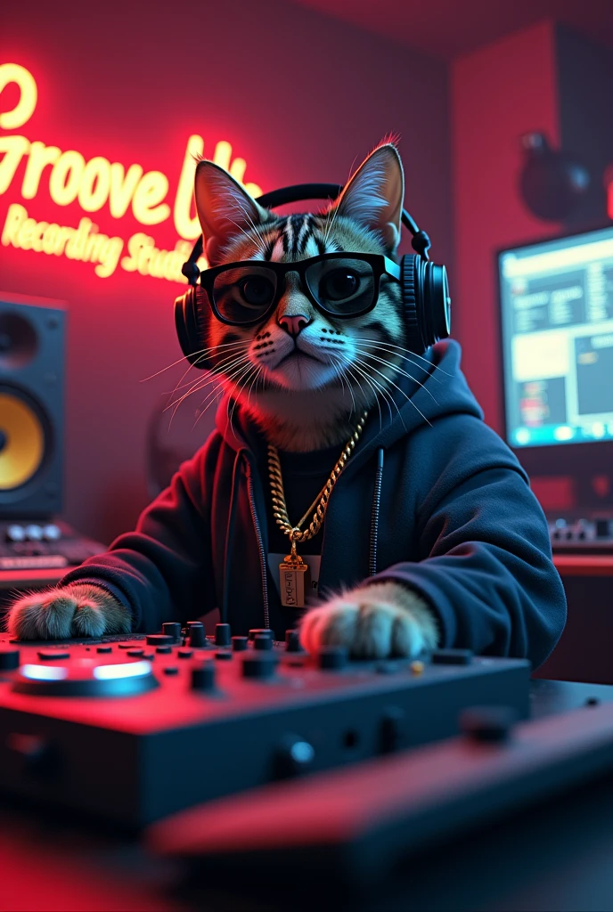 Gatto con occhiali da sole con cuffie da studio che fa il beat maker con i pad vestito da rapper con la scritta “GROOVE UP Recording studio” come titolo