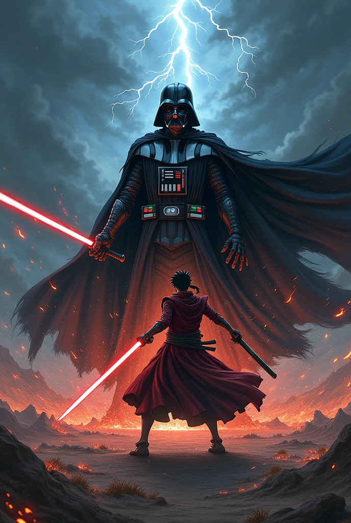 Lorenor Zoro from one piece fights against Darth Vader drawn