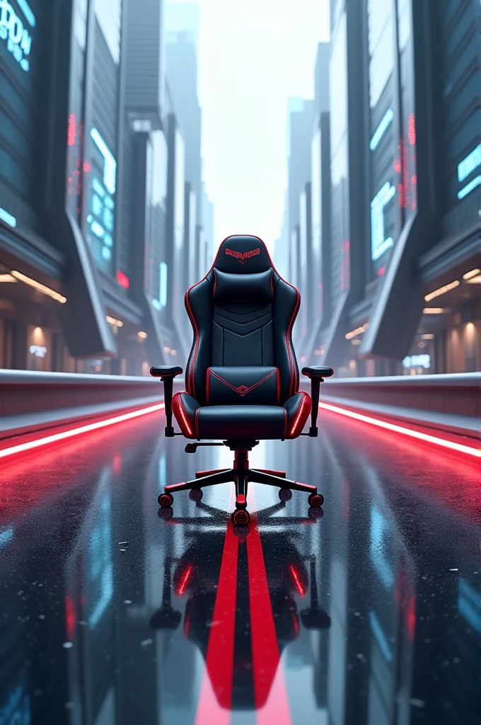 a gaming chair with red details, in the middle of a futuristic road