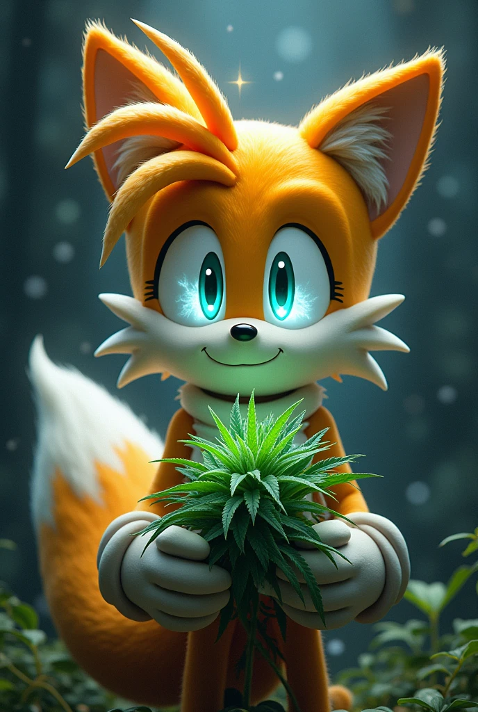 Miles tails with his eyes being stars , holding weed plant