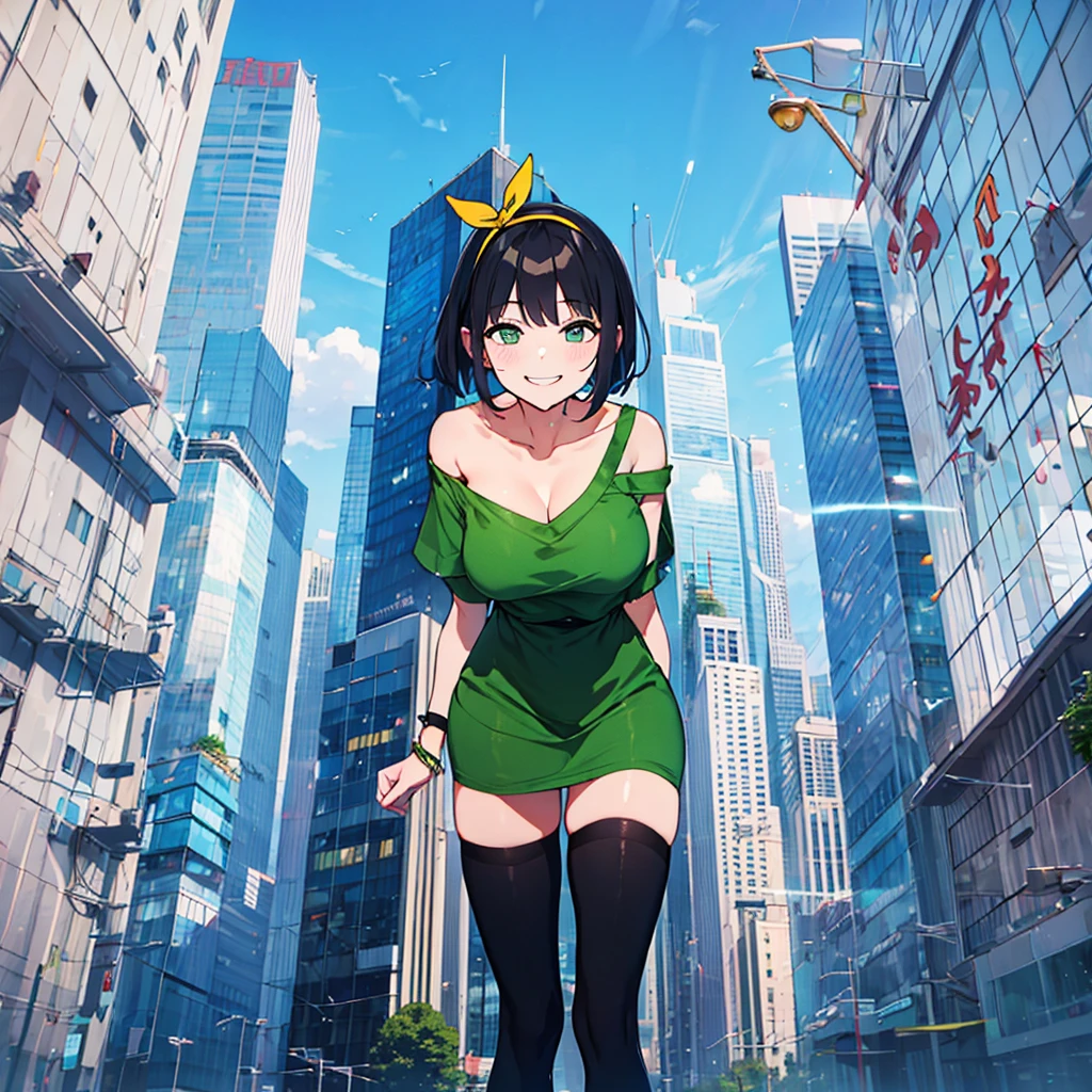 (solo), (1 skinny girl standing), arms behind back, swaying back, (tight-fit black thighhighs), collarbone, BREAK, (yellow hairband), green off-shoulder dress with shoulder straps, (off-shoulder white shirts under dress:1.2), glass-walled skyscrapers in distance, BREAK, (long skinny legs), huge breasts, BREAK, (forced smile:1.3), (dripping tires:1.3), (disappeared), open mouth, orgasm, nsfw, pussy juice dripping down between thighs