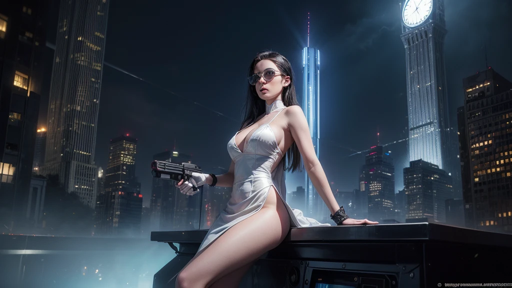(Wide angle view). Matrix film inspired New York city, simple outlined neon tall buildings, glowing giant clock tower, year 1937 cars, lightning, 3D rendering Beeple. At night, (1girl, solo, alone), photorealistic, large-breast slim:0.6 body, oval:0.5 face, cleavage:1.1, very low angle view of sexy ethereal white dress, deep-v, ((upskirt)), glove, (Matrix style black micro sunglasses), ((aiming viewer with a short gun)), (half-body thigh level close-up shot), cinematic lighting, ray tracing.
