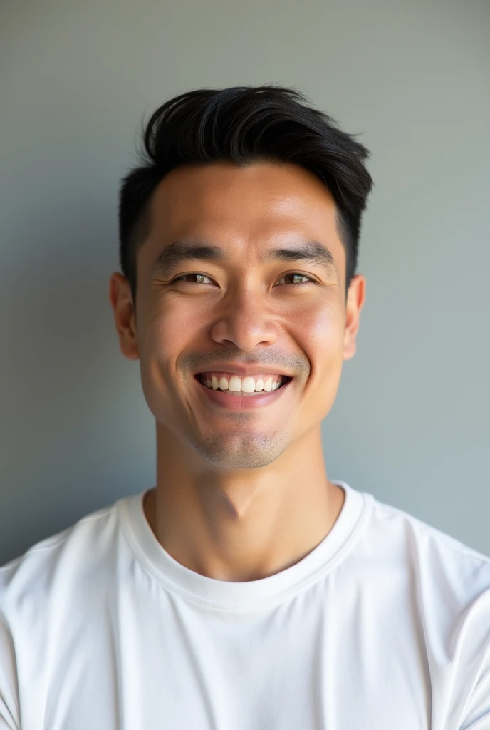 ((Hispanic man)), (Photo: 1.3) from (Photorealism: 1.3), frontal Close-up, soft light, clear face, business, warm light, white t-shirt, (gray and white background), (blank background), (gray wall background) avatar, (short hair), short hair, ((women)), (Closeup)