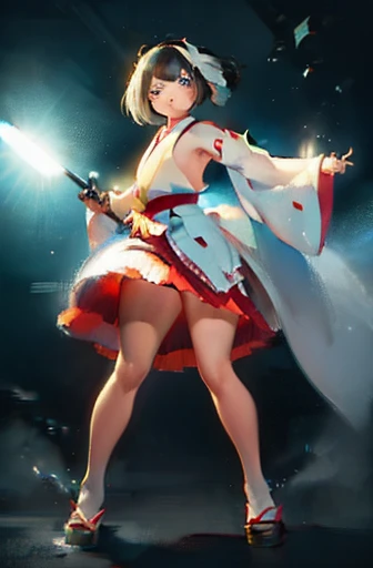 (highest quality)), ((masterpiece)), (very detailed: 1.3), 3d, {(japanese young girl)}, white theme,  (ware a scarlet hakama:1.2), wear shrine maiden anime costume, wears a futuristic Gundam mecha,(Gundam), with headgear, with v-fin , armored shoulders,armored under arms, armored under legs, (holding a Japanese sword  in the right hand:1.2),  multilayer textureperfect proportions, octane rendering, duotone lighting, Low ISO, wide aperture, White balance, Rule of thirds, ultra HD16k, HDR (High Dynamic Range), Ray Tracing, nvidia RTX, Super Resolution, Subsurface Scattering, PBR Texturing, Post Processing, Anisotropic Filtering, Depth of Field, Maximum Clarity and Clarity, High efficiency subpixel, subpixel convolution, particles of light, light scattered, Tyndall effect, full body:1.5, battle pose, cute, (cute:1.2), (bob cut:1.3),Braid, Black Hair, Thick eyebrows, Light-colored irises, Big, bright black eyes, Long eyelashes, Small, light-colored, natural lips, (Average face of Japanese idols), (The uniquely Japanese childlike face:1.3), (baby face), Wide forehead:1.2, Plump Cheeks, Small jaw, visible side boob, broken streets, Broken City,looking at viewer,Focus on the eyes