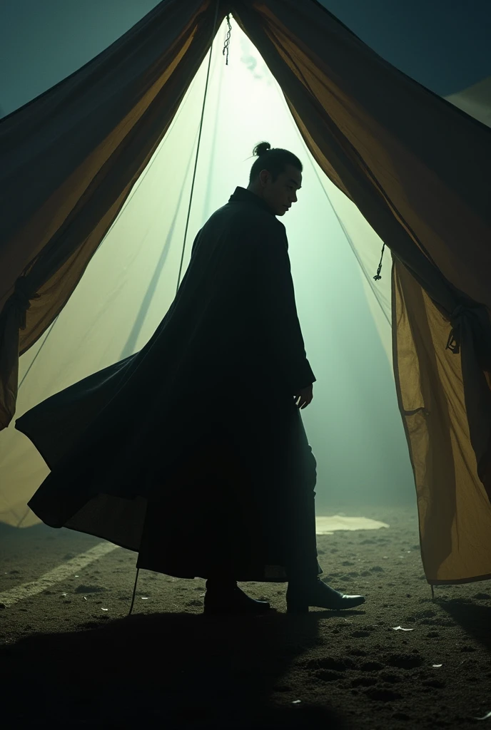 prompt = """
A sudden gust of wind flings open the tent flaps, revealing Satoshi Nakamoto as a shadowy figure in a dark cloak. He strides into the tent with a serious, determined expression, his eyes reflecting a sense of urgency. His cloak billows dramatically as he approaches Yumiko. Yumiko looks up with a mix of surprise and respect. The scene is illuminated with dramatic lighting, capturing the tension and gravity of Satoshi's entrance with the clarity and focus of a JVC GY-HM170UA 4KCAM.
"""