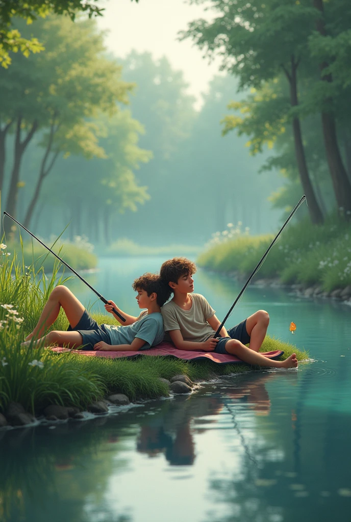 Two sleepy male agers fishing, each has a fishing rod, they are on the edge of a stream and are lying down.