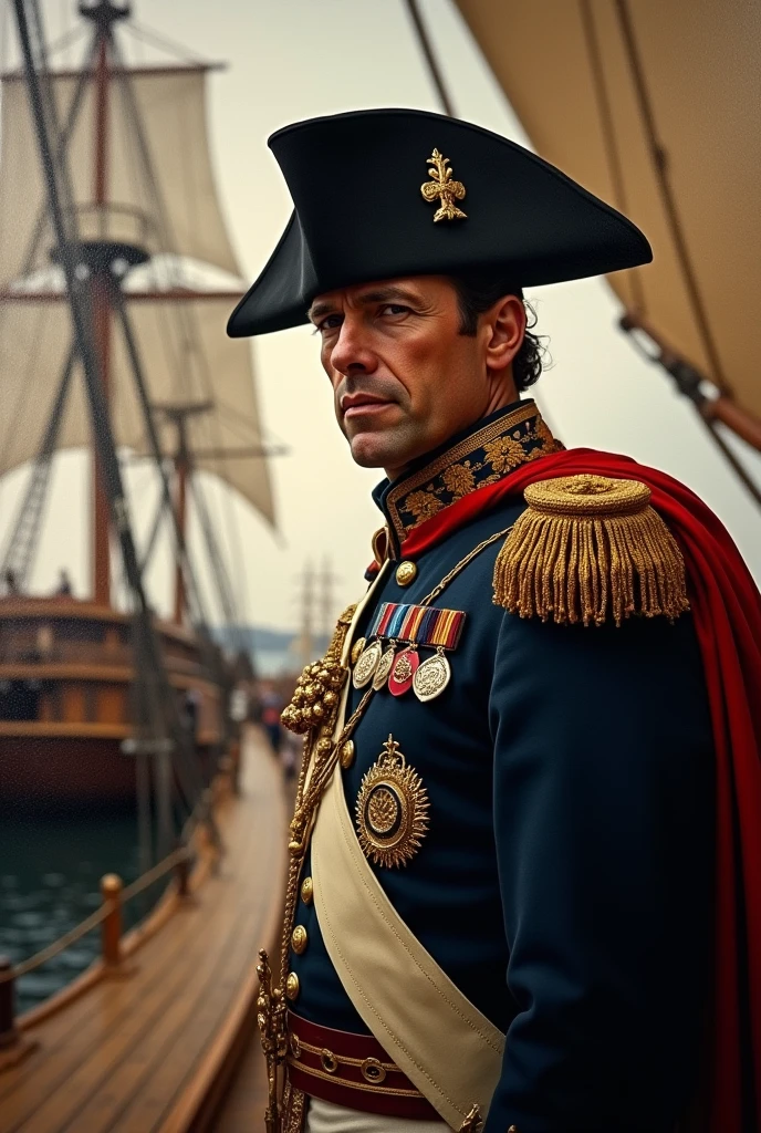 Emperor Napoleon on his warship fleet, the determined look, facing the enemy