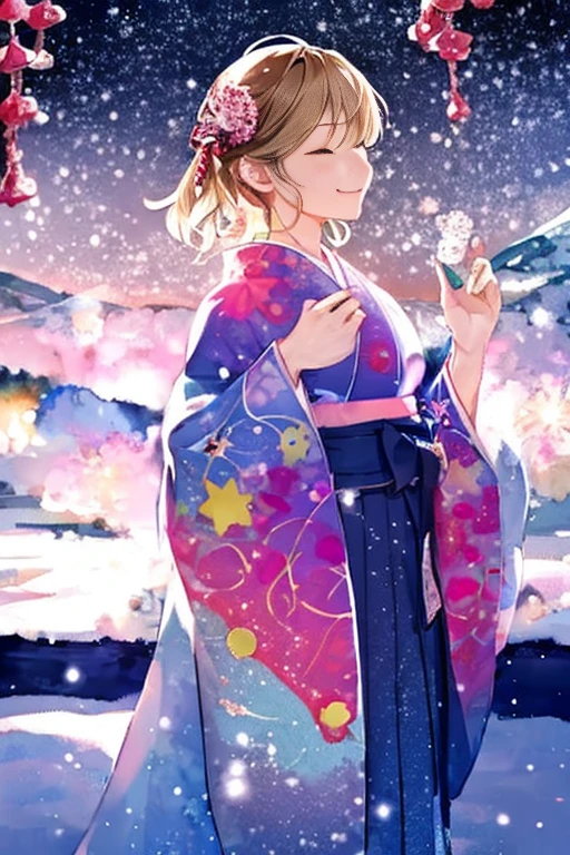 Watercolor、Light color、Beautiful colors、Perfect Anatomy、kimono、Girl in Japanese clothes、Cowboy Shot、Girl Closing Her Eyes、cute、Snowy Night、Beautiful starry sky、full moon