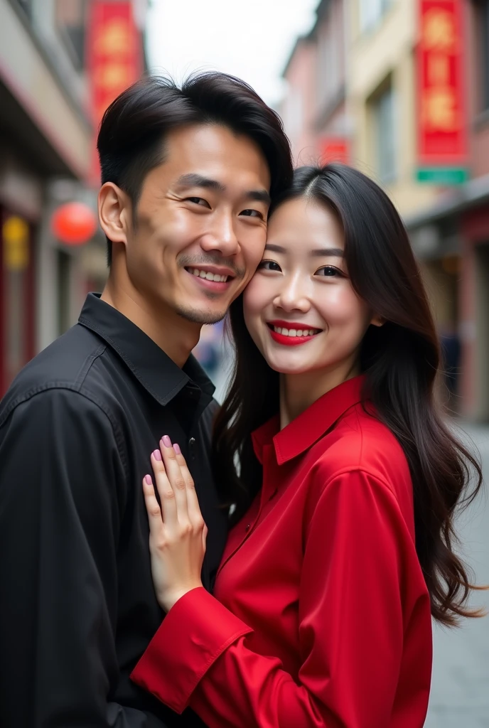 Chinese beautiful girl 23 years-old couple with a man 40 years-old, 23 years-old girl as wife, 40 years-old man as her husband, the girl hug the man, the girl wearing red shirt, the girl red lips, the man wearing black shirt, the girl with the man stands in street city building.