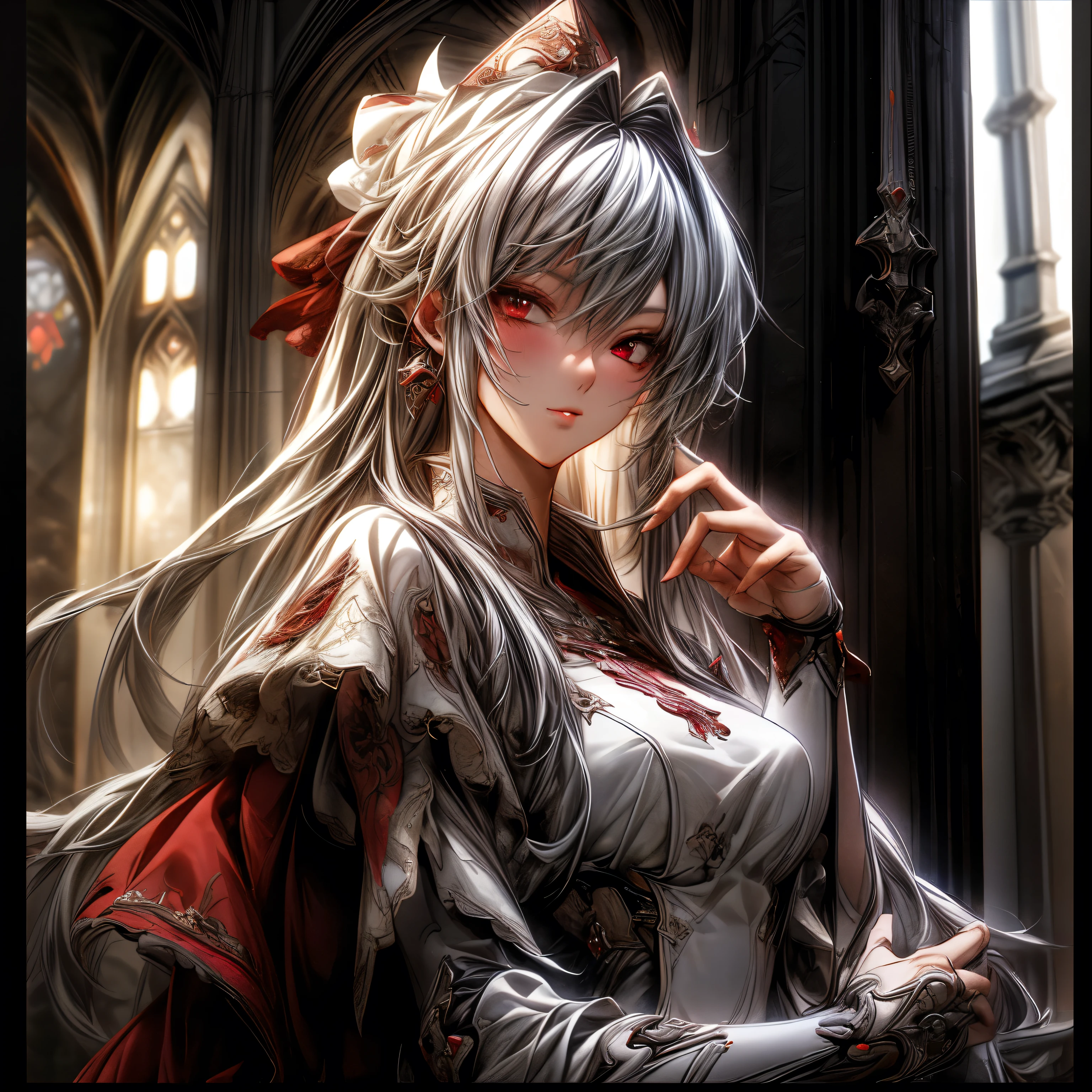 (best quality)), ((Masterpiece)), (details:1.4), 3d, HDR (high dynamic range), an image of a beautiful cyberpunk female, Cyberpunk, Fantasy, Ash gray hair, Long hair, Beautiful Red eyes, จมูกโด่ง, ปากแดง, หน้าอกใหญ่, nvidia RTX, PBR surface, After processing, Anisotropic filtration,depth of field, Maximum clarity and clarity, multi-layered surface, Subsurface scattering, perfect proportions, 8K raw files, ultra detailed, Perfect proportions, volumetric lighting, soft lighting, Holy Paladin, Heavy Red Armor, White dress, glossy skin, intricate Silver embroidery, Tower background, jewely, ต่างหู, นิ้วมือสมบูรณ์,