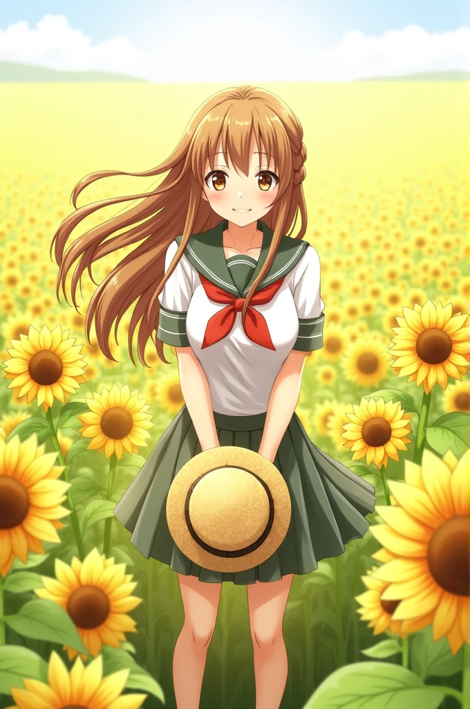 1girl, flower, hat, sunflower, solo, outdoors, field, school uniform, braid, holding clothes, twin braids, flower field, straw hat, skirt, serafuku, realistic, sailor collar, day, brown hair, smile, short sleeves, white shirt, shirt, brown eyes, long hair, black hair, twintails, looking at viewer, pleated skirt, neckerchief, standing, yellow flower

INFO
