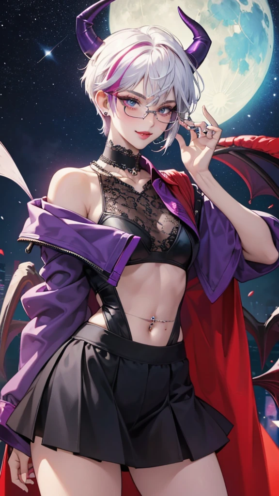 8k, masterpiece, best quality, highly detailed, 1 girl, tiefling, warlock, pixie cut, multicolored hair, very short straight hair red highlight hair on white hair, strippled hair, wearing glasses, round glasses, earrings, navel piercing, red eyeshadow, long eyelashes, blushed cheek, red lips, pearl necklace, rings, collarbone, mole on face, glamorous, teal and purple clothes, sleeveless, miniskirt, smirk, close up view, rings, looking at viewer, demon horns, solo, starry sky, pale blue moon, standing, boxing stance, demonic arms, chains on the background, black lace gloves.