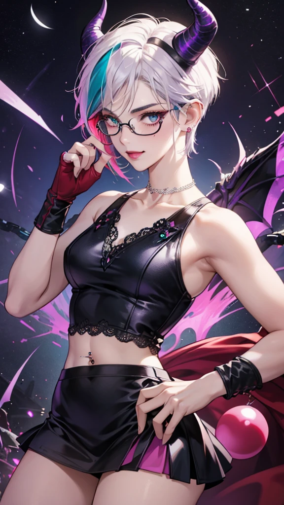 8k, masterpiece, best quality, highly detailed, 1 girl, tiefling, warlock, pixie cut, multicolored hair, very short straight hair red highlight hair on white hair, strippled hair, wearing glasses, round glasses, earrings, navel piercing, red eyeshadow, long eyelashes, blushed cheek, red lips, pearl necklace, rings, collarbone, mole on face, glamorous, teal and purple clothes, sleeveless, miniskirt, smirk, close up view, rings, looking at viewer, demon horns, solo, starry sky, pale blue moon, standing, boxing stance, demonic arms, chains on the background, black lace gloves.
