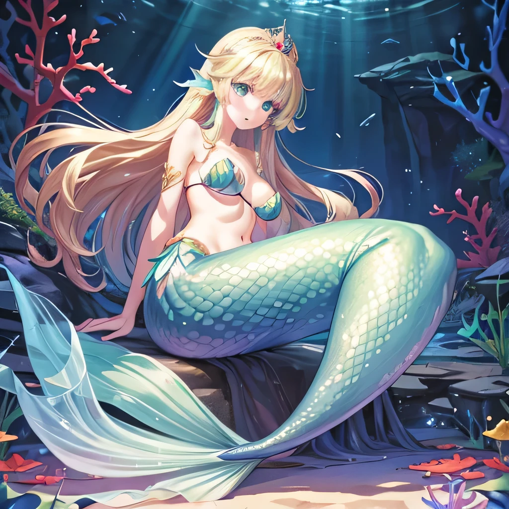 4k,hight resolution,One Woman,gold Long hair,mermaid,Green scales,huge tit,Little Mermaid,Seashell bra,Princess Tiara,Pearl decoration,jewel decorations,Undersea background,under the water