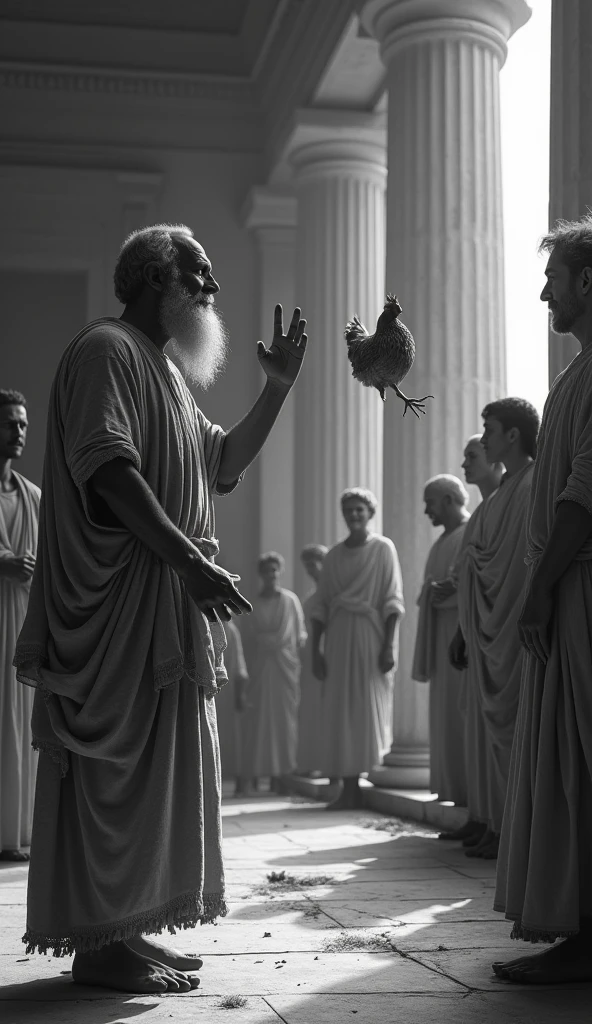 Image of ancient philosopher Diogenes throwing a plucked chicken at Plato's academy . Make the theme black and white and make it vibrant and hyper realistic.
