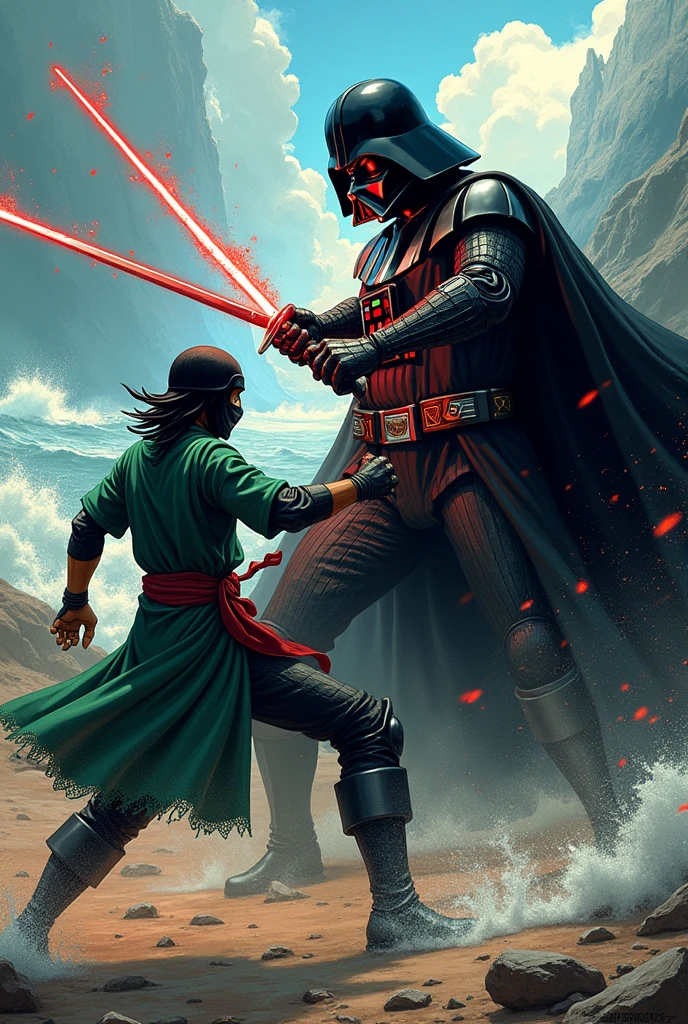Lorenor Zorro from one piece fights against Darth Vader drawn