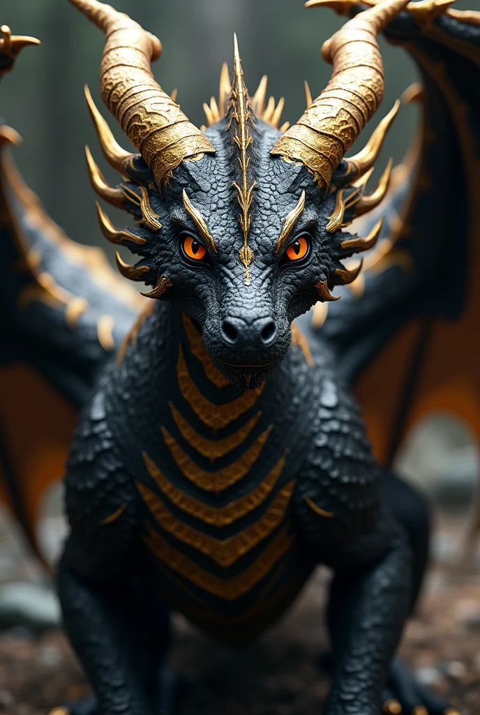 A black dragon with gold outlines looking forward