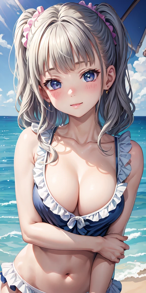 (masterpiece, Highest quality),Kiddie,  Small breasts, Cleavage, Ruffled swimsuit, Gray Hair,,Scrunchie,  , (Suggestive:1.2), (smile:0.7), Upper Body