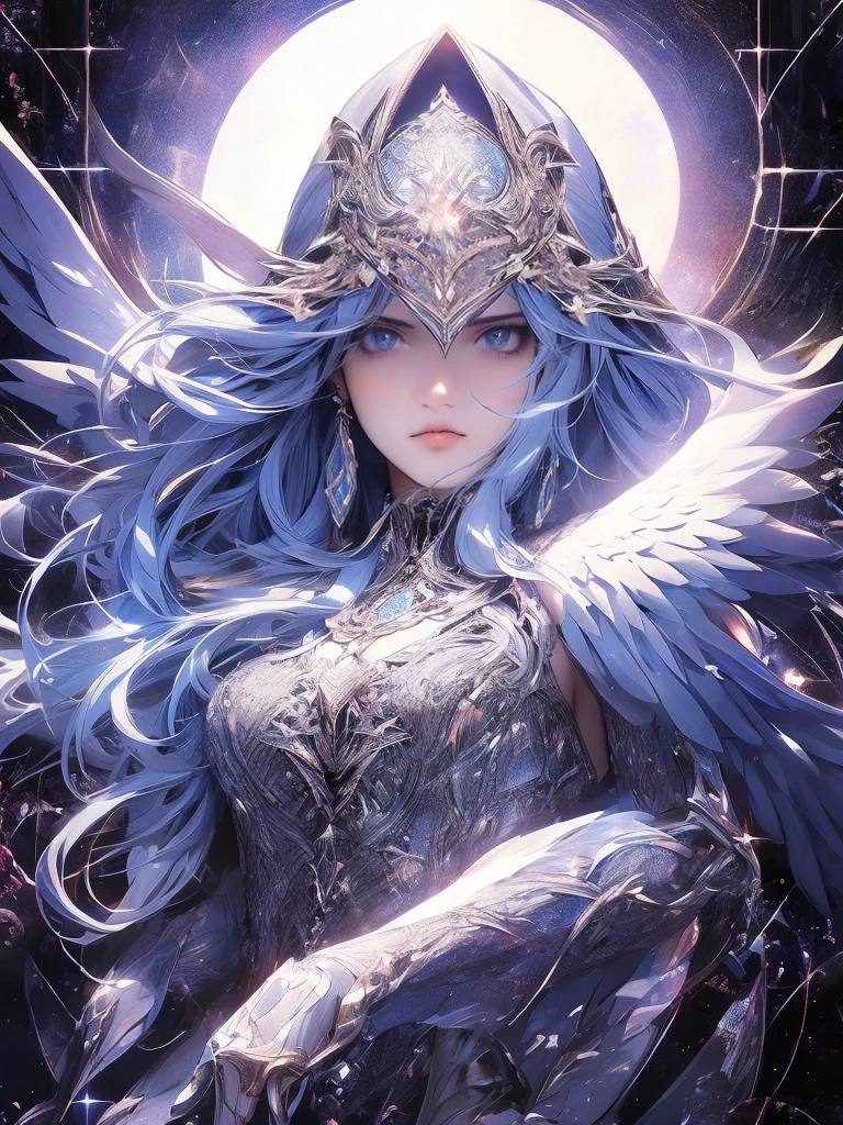 Beautiful Angel of Light、Futuristic Gothic style、Highly detailed face and body、Inspired by anime、Photorealistic、Cinematic lighting、Complex geometric patterns、Ethereal Wings、Dramatic Pose,Moody Color Palette,Volumetric light effect,Hyperrealistic Textures,Decorative Gothic architecture,Amazing digital art