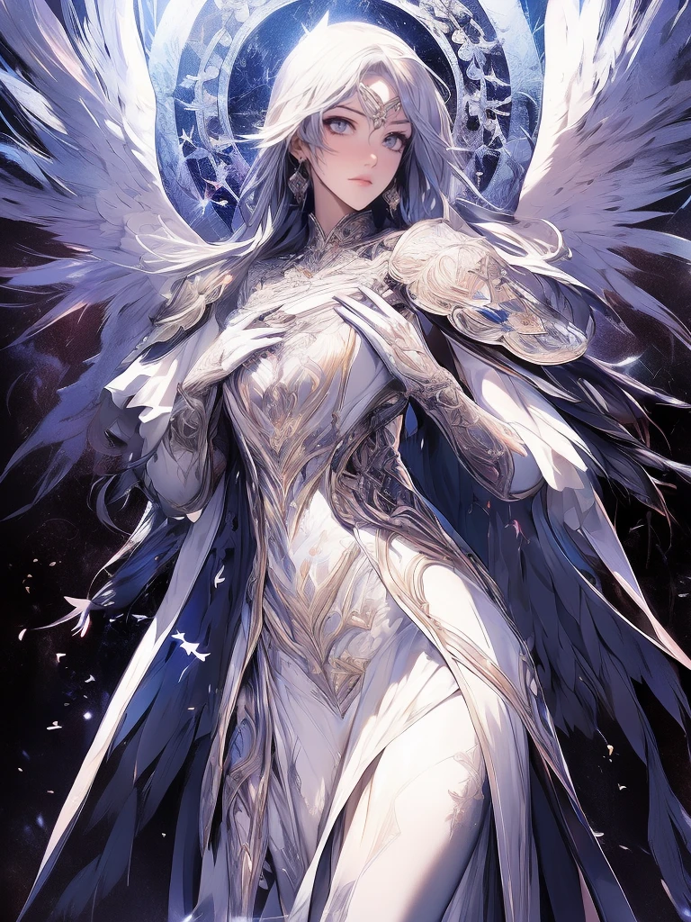 Beautiful Angel of Light、Futuristic Gothic style、Highly detailed face and body、Inspired by anime、Photorealistic、Cinematic lighting、Complex geometric patterns、Ethereal Wings、Dramatic Pose,Moody Color Palette,Volumetric light effect,Hyperrealistic Textures,Decorative Gothic architecture,Amazing digital art