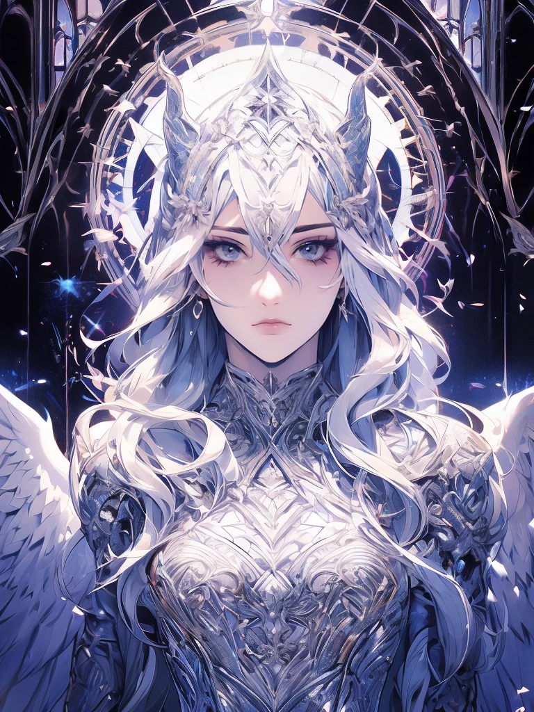 Beautiful Angel of Light、Futuristic Gothic style、Highly detailed face and body、Inspired by anime、Photorealistic、Cinematic lighting、Complex geometric patterns、Ethereal Wings、Dramatic Pose,Moody Color Palette,Volumetric light effect,Hyperrealistic Textures,Decorative Gothic architecture,Amazing digital art