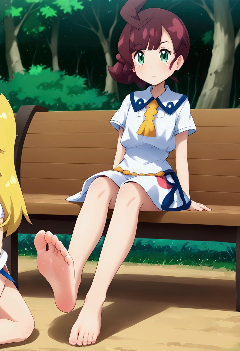 A girl with hair sitting on a wooden bench on a beach and a boy crying from the ground on the other side..A photo with the name HIRU on the girl's dress and ADHI on the boy's armband.barefoot,foot focus