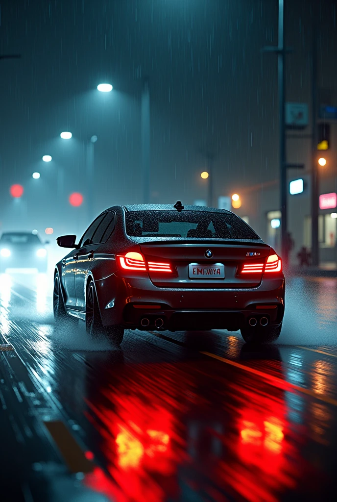 A BMW m5 car running at night raining and written Osaid Goraya on back mirror