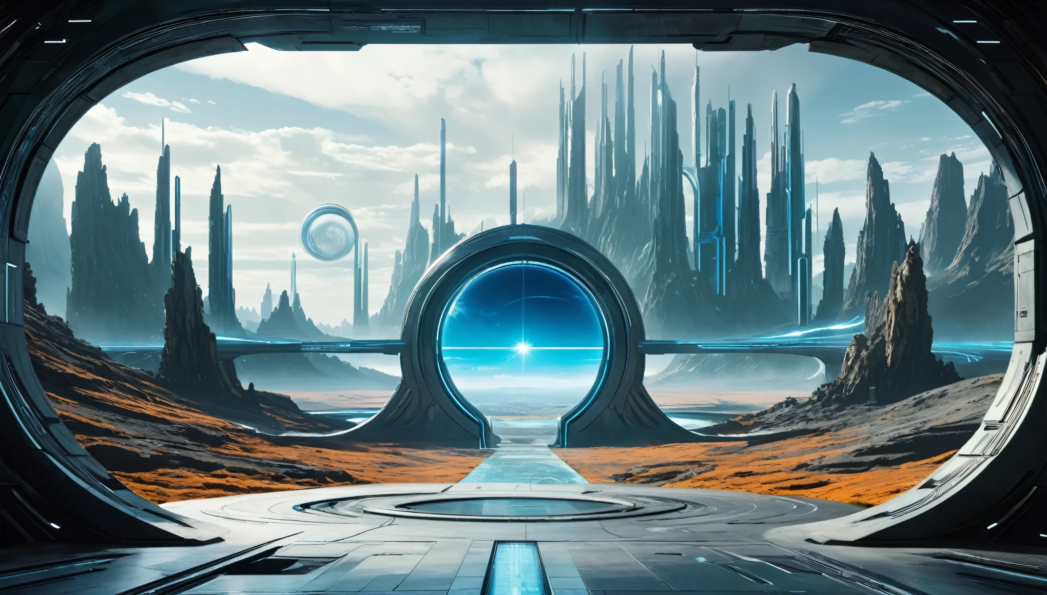 The screen is divided horizontally into three parts, with normal scenery in the foreground of the screen,
A portal to another dimension is open in the middle of the screen,
A view of another world (a world with futuristic structures) is seen at the back of the screen,
The borderline between the three parts of the screen should be seamless so that there is no sense of discomfort.