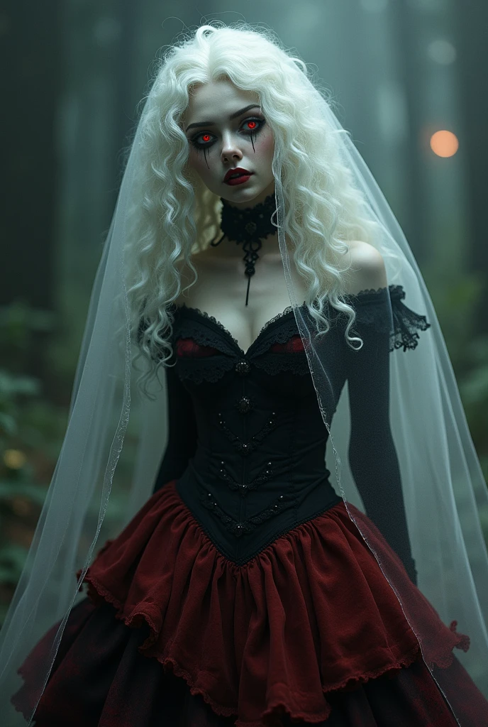 a red-eyed vampire with a puffy black-and-red skirt.her hair is long,white,Let it be curly and fluffy. Let her hide her face with a translucent veil. Let her hide her face with a translucent veil. 