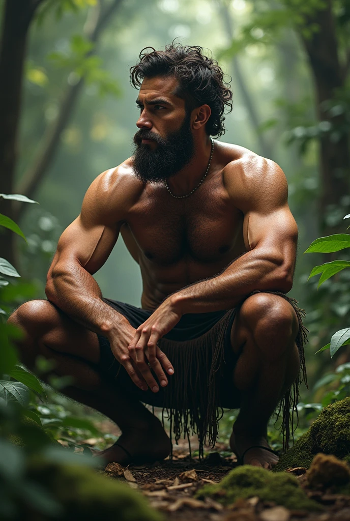 Naked handsome man squatting down in a forest with hairy pubic hair and hairy armpits