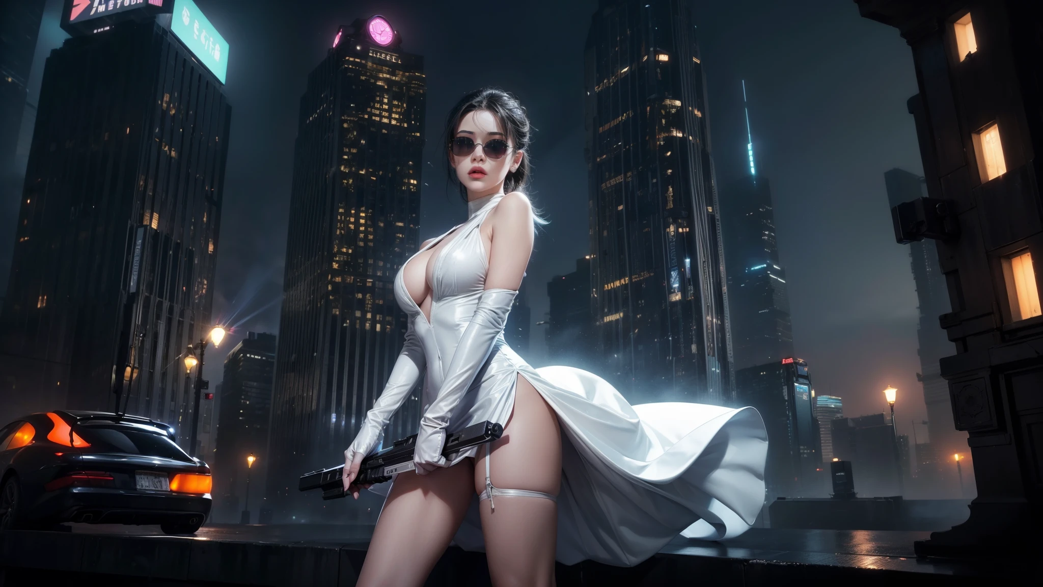 (Wide angle view). Matrix film inspired New York city, simple outlined neon tall buildings, glowing giant clock tower, year 1937 cars, lightning, 3D rendering Beeple. At night, (1girl, solo, alone), photorealistic, large-breast slim:0.6 body, oval:0.5 face, cleavage:1.1, very low angle view of sexy ethereal white dress, deep-v, ((upskirt)), glove, (Matrix style black micro sunglasses), ((aiming viewer with a short gun)), (half-body thigh level close-up shot), cinematic lighting, ray tracing.