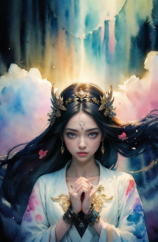 (Tabletop, Highest qualityの, Highest quality, Official Art, (beautifully、aesthetic:1.4), (Watercolor:1.4) ), (Izanami 1.5), 日本のgod話の女god, Majestic beauty, 創造の女god、生命の女god、Typically、((((Typically))))、Reincarnation Support, god'Grace, Gentle and meditative expressions, Flowing, celestial garments, Shine、Created all the landscapes and worlds on Earth, A dazzling dance of light, Whispers of Ancient Legends