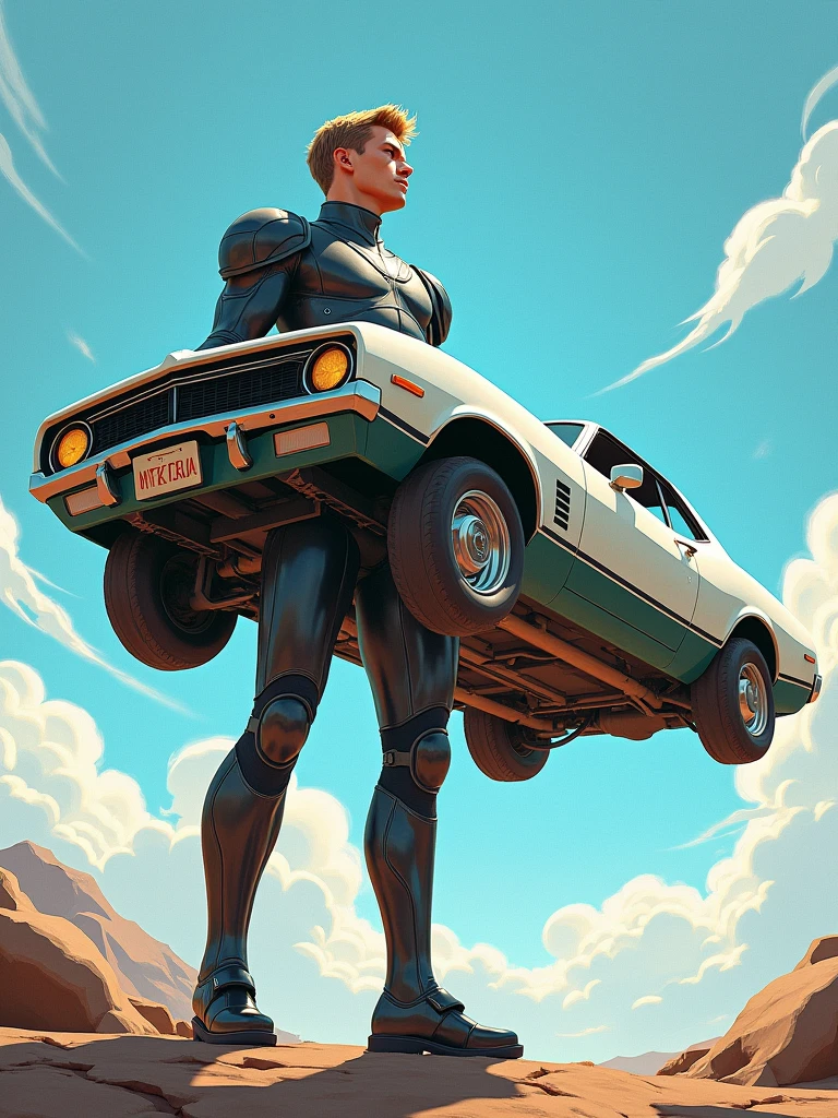 A hero in a uniform that allows them to manipulate the density of objects, depicted in the style of Brock Hofer. The hero stands tall, with a determined look on their face, as they use their powers to lift a car off the ground with ease. The background is a bright, sunny day with a few clouds in the sky. More detail, enhanced, poakl.