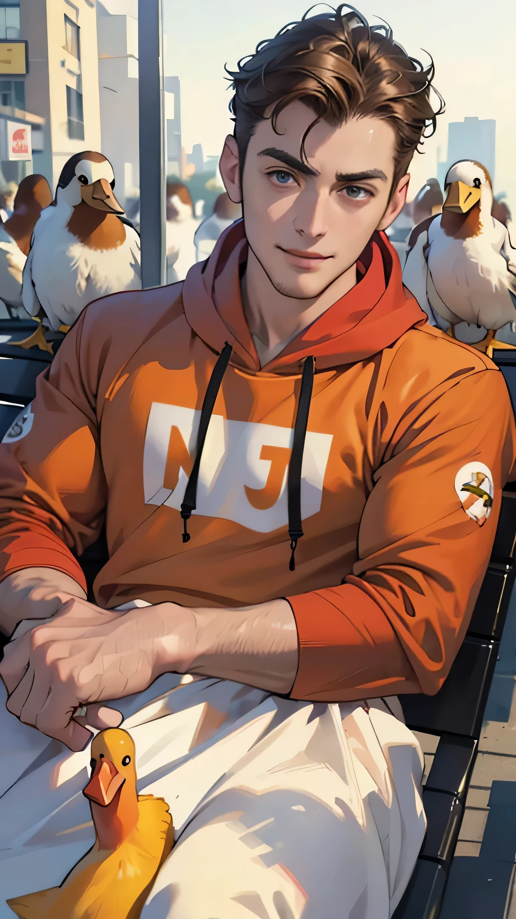 (masterpiece, ultra high res, 16k uhd, high quality),low key,commute,ad,tv,standing,looking at viewer,Hoodie,masterpiece,in the restaurant,sitting,(brown hair),black eyes,turn to the back,smile,Seoul,(small head),Precise human body structure,Precise hand structure,(duck egg face),Light-colored clothing,red coat,yellow top,Unity 16K Wallpapers,Concept Art,A person,8K eyes,Grassland,Dress,Park,Bench,Pigeons,(((mature male))),((big eyes:1.3)),(short hair),((1 American mixed-race man)),Sweatpants,(Realistic face:1.8),Wide Shoulders,Single,(whole body:1.6),andriod 18,
