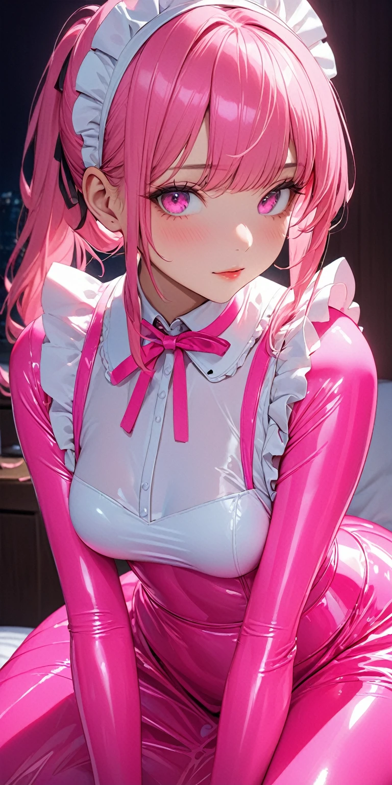 Close-up of the chest、(masterpiece,Highest quality,Ultra-high resolution),Japanese women, Maid Headband、(((A very beautiful 2))),(Fluorescent pink latex maid outfit)、(Long sleeve)、(((Fluorescent pink latex long skirt)))、Fluorescent pink latex long gloves、Fluorescent pink latex tights、Latex is very shiny、Tight fluorescent pink latex bodysuit、Dark room at night、Sitting on the bed