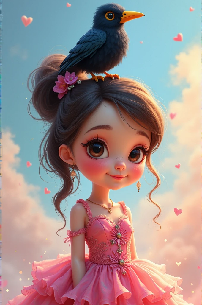 Name Mahur cute girl wearing barbie dres and Crow on head