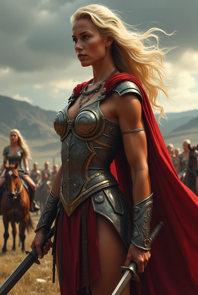 Photo realistic Beautiful girls blonde and brunette Amazons,in the background there is a female cavalry army
