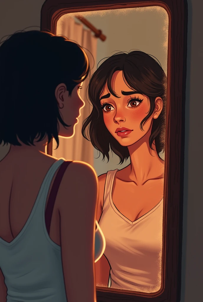 Background: Leena’s reflection in the mirror, now showing more than just her outward appearance. The background of the studio is faintly visible in the reflection, maintaining the cozy, warm ambiance, but the focus is on the emotional depth revealed in the mirror.

Style: Illustrative with heightened contrast and a touch of realism to emphasize the emotional depth of Leena’s reflection. Use a soft, warm glow around the mirror to draw attention to its significance in this moment of self-realization
Characters: Leena, reflected in the mirror, is seeing more than just her face. Her reflection shows tired eyes with dark circles, subtle stress lines, and a deep-seated sadness that has been overlooked. Her expression transitions from confusion to a profound, vulnerable realization. Mira’s reflection stands beside her, watching Leena with a soft, empathetic gaze, offering silent reassurance