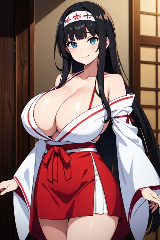good quality, best quality, highres, absurdres, 8k, 4K, masterpiece, Girl in Japanese shrine maiden outfit, (Hime cut), (super long black hair),(((straight bangs, blunt bangs))),(White headband), Blue eyes, super long black hair, hair ornament, ribbon, smile, Showing her breasts, (Huge breasts:1.3), Cleavage, White kimono, Shoulder-exposing sleeves, open-chested costume, Short skirt, Red Skirt, (upskirt),