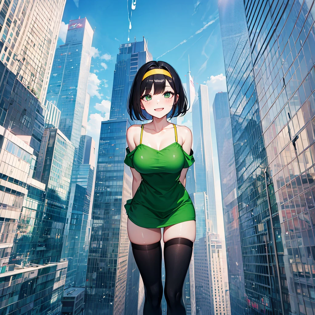(solo), (1 skinny girl standing), arms behind back, swaying back, (tight-fit black thighhighs), collarbone, BREAK, (yellow hairband), green off-shoulder dress with shoulder straps, (off-shoulder white shirts under dress:1.2), glass-walled skyscrapers in distance, BREAK, (long skinny legs), huge breasts, BREAK, (forced smile:1.3), (dripping tires:1.3), (disappeared), open mouth, orgasm, nsfw, pussy juice dripping down between thighs