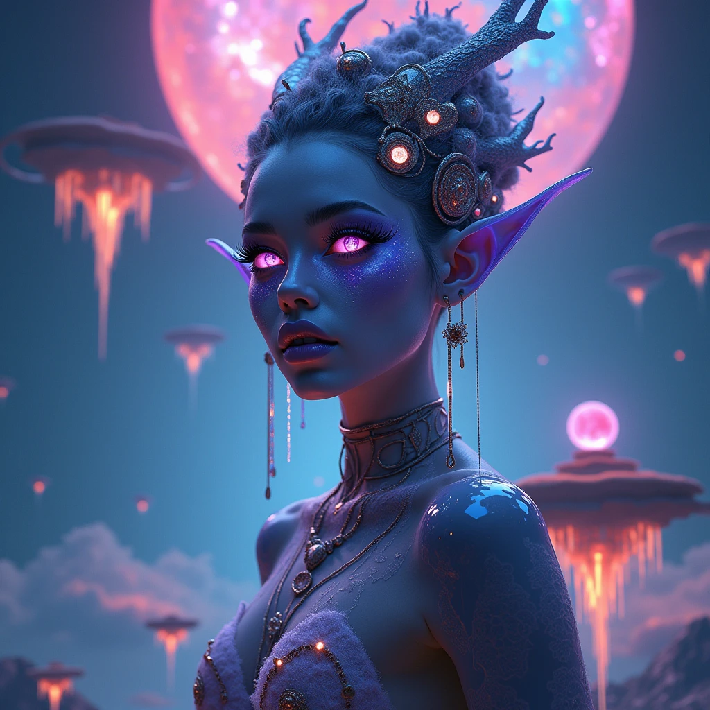 a woman wearing surreal and avant-garde clothing, a intricate surreal woman, surreal environment, beautiful detailed eyes, beautiful detailed lips, extremely detailed face and features, long eyelashes, extremely detailed, high fashion, ethereal glowing aura, dreamlike fantasy environment, floating islands, futuristic, dramatic pose, dark moody lighting, cinematic, intricate patterns, otherworldly, digital art, photorealistic, 8k, masterpiece, (best quality,4k,8k,highres,masterpiece:1.2),ultra-detailed,(realistic,photorealistic,photo-realistic:1.37),a surreal alien,detailed anatomical alien creature with large eyes, long tentacles, strange appendages, glowing bioluminescent features, alien landscape with floating islands, abstract cosmic background, neon colors, cinematic lighting,