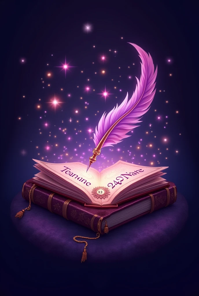 A class logo named “En(g)chanted (2427’s version)”: has an enchanted theme in purple, a book with glowing pages and a quill writing out the name, magical fairy lights and stars, with Taylor Swift’s signature font, don’t forget to incorporate a symbol or number that signifies “2427” in a creative way, like hidden with The design or as part of a crest for shield.