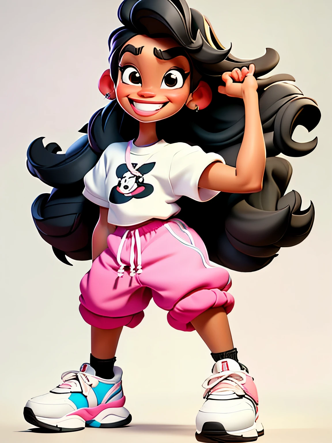 Best of the best, best quality, highest quality, 16K quality, Disney style, girl, hip hop, street fashion, black hair, semi-long hair, big sneakers, white t-shirt, pink shorts, Pixar style, bad smile, arms cheerful look, white background, no text